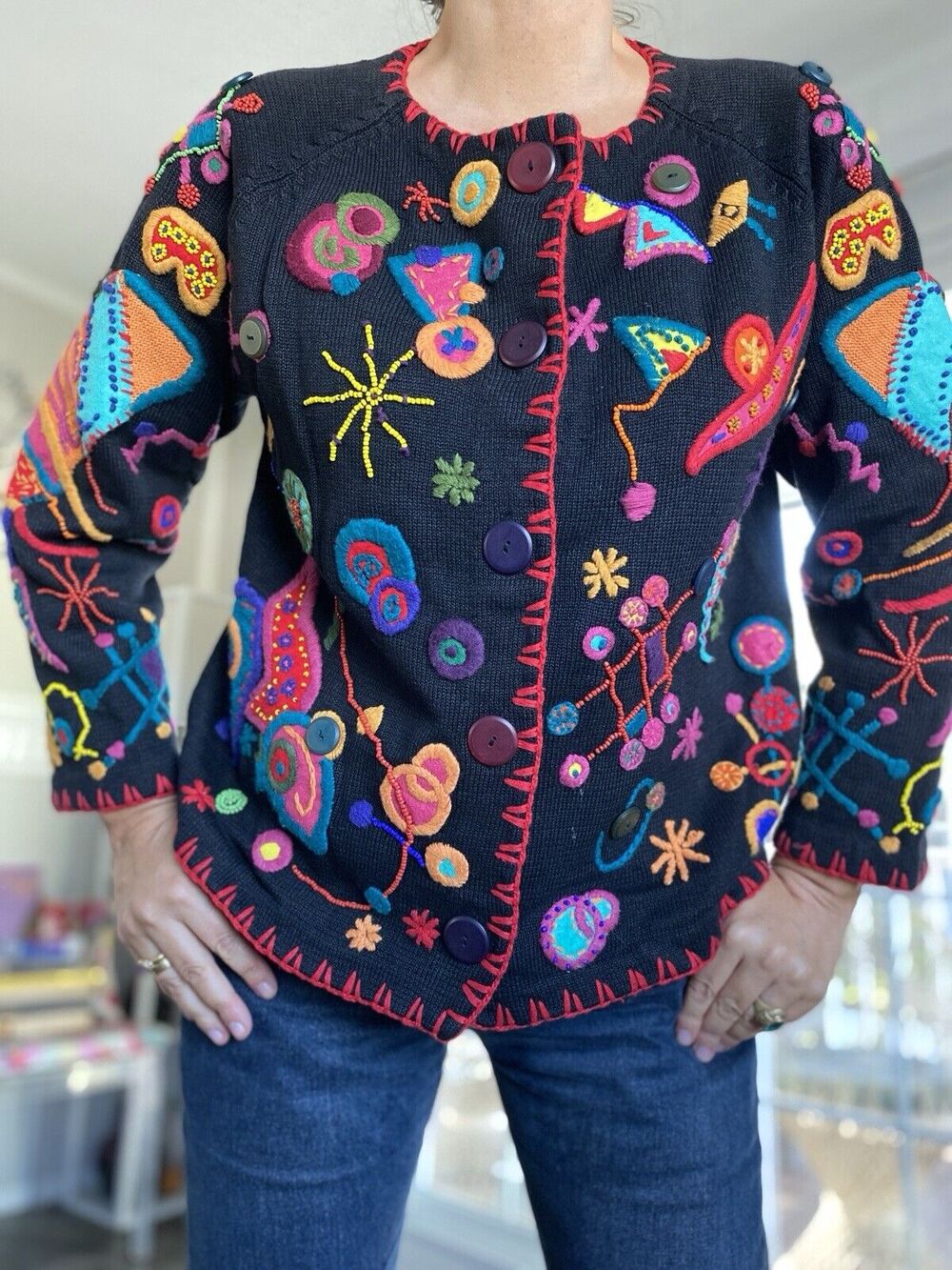 MICHAEL SIMON Vintage Embroidery Beaded Artwork Sweater Holiday Collection L